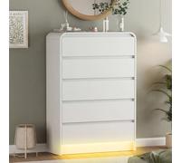 JYCRA L-E-D Commode à 5 tiroirs pour chambre à coucher, 73 x 40 x 110 cm, design moderne et simple, commode en bois avec tiroirs profonds, pour salon, couloir ou entrée, blanche