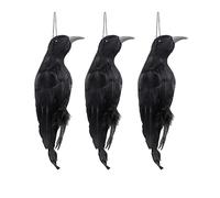 JYCRA Lot de 3 corbeaux artificiels à suspendre, 32,6 cm, corbeaux à plumes noires, grand corbeau à plumes noires grandeur nature pour effrayer les corbeaux, décorations d'Halloween, accessoires