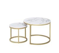 JZGORC Lot de 2 Table Basse Ronde, Table Basse Gigogne, Plateau à Motif en Marbre, Pieds en Métal Plaqué Or, Adapté au Salon, Café, Salon (80 * 45 cm et 60 * 35 cm) - Or Blanc