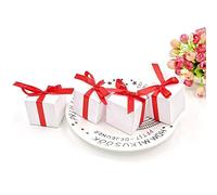 JZK 50x Boîte faveurs mariage blanche boîtes confettis avec rubans rouges boîte de bonbons fête en papier coffret cadeau cube petit pour mariage anniversaire noël baptême communion