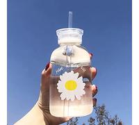 JZSMY Bouteille avec graduation pour lait, jus et eau, 2 couvercles, petite marguerite, doux, mat, portable, créatif, pratique, 480 ml, transparent, 1 fleur
