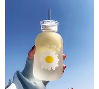 JZSMY Bouteille d'eau mignonne de 480 ml avec graduation 2 couvercles, petite marguerite, portable, transparente, bouteille en verre créative et pratique (1 fleur mate)
