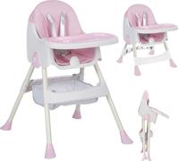 K IKIDO Chaise haute bébé, chaise haute pour enfant 3en1, chaise de salle à manger pliante, panier, ceinture de sécurité 5 points, chaise pour bébé à partir de 6 mois, rose