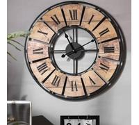 K&L Wall Art Grande horloge murale vintage pour salon - En bois de palette - Sans bruit de tic-tac - Chiffres romains modernes XL (métal aspect bois, Ø 50 cm, vieilli)