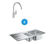 K400 Kit évier acier inoxydable avec égouttoir réversible et vide-sauce + Mitigeur monocommande col de cygne (31567SD0-SET)