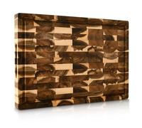 KAAMUT® Planche à Découper en Acacia Massif Bois de Bout - 40×27,5×3,5 cm - Extra Épaisse et Durable - Rigole à Jus, Poignées et Pieds Antidérapants - Inclut Cire à Bois Premium & Coffret Cadeau