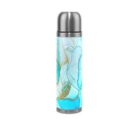 KAAVIYO Marbre Aquarelle Bleu Encre Thermos Café 500 ML Isolée sous Vide Isothermes en Acier Inoxydable d'emballage en Cuir Bouteille d'eau Isotherme Tasse