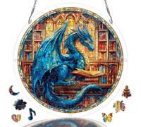 KaayeeWood Casse-tête attrape-soleil en acrylique, bibliothèque dragon bleu | Kits de puzzle attrape-soleil à faire soi-même pour adultes, puzzle en acrylique, attrape-soleil, décoration à suspendre pour