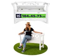 KADAX Banc de Jardin - 119 x 45 x 73 cm - en Panneau de Fibres de Bois - avec Espace de Rangement et Dossier - Résistant aux intempéries - pour Jardin, Balcon - Blanc