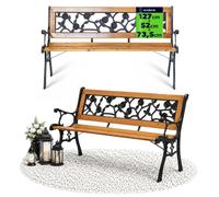 KADAX Banc de jardin en bois et fonte 2 places avec accoudoirs et dossier, banc de parc, banc extérieur pour balcon, jardin, terrasse (marron/motif rose)