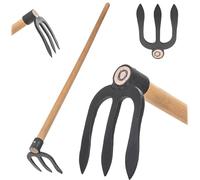 KADAX Binette à 3 dents pour pommes de terre avec long manche en bois, binette de jardin en acier forgé, binette pour fumier pour le jardinage, binette de jardin (avec manche)
