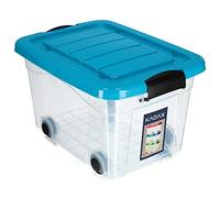 KADAX Boîte de rangement en plastique avec roulettes - 60 l - Bleu - Organiseur avec couvercle - Boîte à clip pour jouets - Boîte de rangement avec fermeture à clic