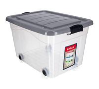 KADAX Boîte de rangement en plastique avec roulettes - 60 l - Gris - Organiseur avec couvercle - Boîte à clip pour jouets - Boîte de rangement avec fermeture à clic