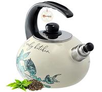 KADAX Bouilloire Sifflante en Acier 2.2L, Théière Émaillée pour Cuisinières à Induction et à Gaz, Dotée d'une Poignée Ergonomique et d'un Sifflet Intégré (Fleurs)