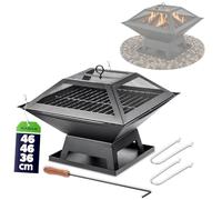 KADAX Brasero en acier, 46 x 36 cm, brasero avec pare-étincelles, tisonnier et grille, brasero d'extérieur pour jardin et terrasse (noir)