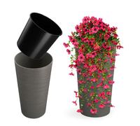 KADAX Cache-Pot décoratif Gris ⌀ 19 cm x H 36,8 cm, Plastique avec éclats de Bois, Insert Amovible - Protection élégante pour Plante en intérieur ou Bureau