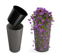 KADAX Cache-Pot décoratif Gris ⌀ 25 cm x H 47 cm, Plastique avec éclats de Bois, Insert Amovible - Pot de Fleurs élégant pour intérieur ou extérieur
