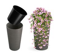 KADAX Cache-Pot décoratif Gris ⌀ 30 cm x H 57,5 cm, Plastique avec éclats de Bois, Insert Amovible - Design Naturel et Moderne