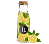 KADAX Carafe en verre avec bouchon en liège, Carafe à eau de 1L en verre de haute qualité, 27x9cm Carafe pour eau, limonade, vin et jus, Pichet à eau avec bouchon en liège (1L)