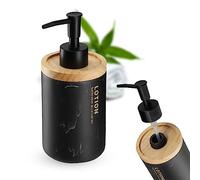 KADAX Distributeur de savon, Ø 7,5 cm, distributeur de savon à main, en plastique, avec couvercle en bambou, distributeur de pompe en deux couleurs, accessoire de salle de bain, noir