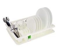 KADAX Égouttoir à Vaisselle en Plastique, Support à Vaisselle avec Panier à Couverts et Bac de Récupération d'eau pour Assiettes, Verres et Couvercles (Crème)