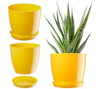 KADAX Élégant pot à fleurs/plantes avec soucoupe Forme ronde et élégante En plastique léger Pour l’intérieur et la maison Cache-pot pour fleurs, plantes Ø 20 cm jaune