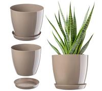 KADAX Élégant pot à fleurs/plantes avec soucoupe Forme ronde et élégante En plastique léger Pour l’intérieur et la maison Cache-pot pour fleurs, plantes Ø 20 cm beige