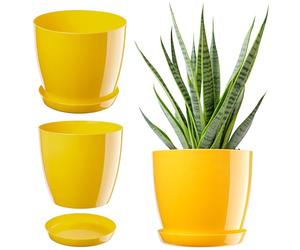KADAX Élégant Pot à Fleurs/Plantes avec Soucoupe Forme Ronde et élégante en Plastique léger pour l’intérieur et la Maison Cache-Pot pour Fleurs, Plantes Ø 28 cm Jaune