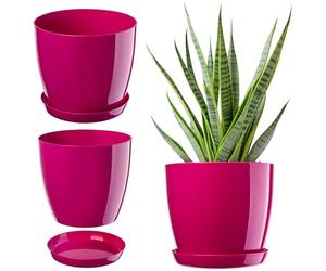 KADAX Élégant pot à fleurs/plantes avec soucoupe Forme ronde et élégante En plastique léger Pour l’intérieur et la maison Cache-pot pour fleurs, plantes Ø 14 cm Amaranrot