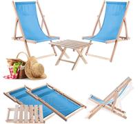 KADAX Ensemble table basse naturelle pour chaises longues + 2 chaises longues bleues en bois