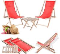 KADAX Ensemble table basse naturelle pour chaises longues + 2 chaises longues en bois rouge
