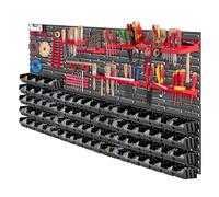KADAX Étagère murale à outils, 156 x 78 cm, étagère murale d'atelier pour garage, kit mural à outils, système de stockage avec boîtes de rangement, plaques murales extensibles (rouge et noir) 101
