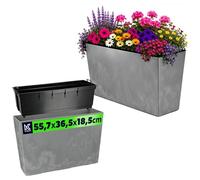 KADAX Jardinière en plastique - 18,5 x 55,7 cm - 5 couleurs - Pot de fleurs avec rubans d'irrigation - Jardinière de balcon avec insert - Jardinière pour extérieur - Gris - Rectangulaire - Motif béton