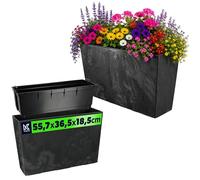 KADAX Jardinière en Plastique - 18,5 x 55,7 cm - 5 Couleurs - Pot de Fleurs avec Rubans d'Irrigation - Jardinière de Balcon avec Insert - Pour Extérieur - Noir - Rectangulaire - Motif Béton