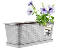 KADAX Jardinière Rectangulaire 40 cm, Balconnière en Plastique Aspect Rotin avec Soucoupe pour Embellir Votre Espace Extérieur (Gris)