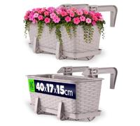 KADAX Jardinière Suspendue Extérieure 40 cm, Balconnière en Plastique Aspect Rotin avec Supports de Fixation Intégrés et Soucoupe (Caramel)
