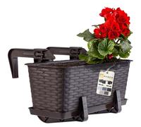 KADAX Jardinière Suspendue Extérieure 40 cm, Balconnière en Plastique Aspect Rotin avec Supports de Fixation Intégrés et Soucoupe (Marron)