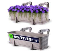 KADAX Jardinière Suspendue Extérieure 60 cm, Balconnière en Plastique Aspect Rotin avec Supports de Fixation Intégrés et Soucoupe (Caramel)