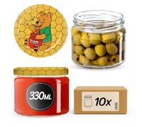 KADAX Lot de 10 bocaux en verre 330ml Ø82 à pois rouges - Couvercle Twist-Off hermétique TO82 - Pour confitures, conserves, cornichons, miel & fermentation
