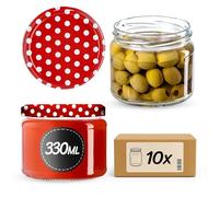 KADAX Lot de 10 bocaux en verre 330ml Ø82 à pois rouges - Couvercle Twist-Off hermétique TO82 - Pour confitures, conserves, cornichons, miel & fermentation