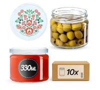 KADAX Lot de 10 bocaux en verre 330ml Ø82 à pois rouges - Couvercle Twist-Off hermétique TO82 - Pour confitures, conserves, cornichons, miel & fermentation