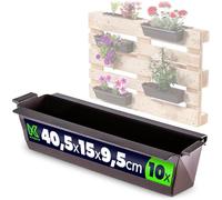 KADAX Lot de 10 jardinières pour palettes avec système de suspension, 37 x 9 cm, marron, à planter et décorer, comme jardinière de balcon, bac à fleurs pour palette européenne, insert de pot de fleurs