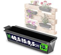 KADAX Lot de 10 jardinières pour palettes avec système de suspension, 37 x 9 cm, noir, à planter et décorer, comme jardinière de balcon, bac à fleurs pour palette européenne, insert de pot de fleurs