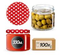 KADAX Lot de 100 bocaux à confiture en verre 330ml Ø82 cœur - couvercle à vis hermétique, pour confitures, gelées, miel et conserves maison