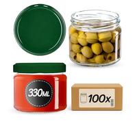 KADAX Lot de 100 bocaux à confiture en verre 330ml Ø82 Vert - couvercle à vis hermétique, pour confitures, gelées, miel et conserves maison