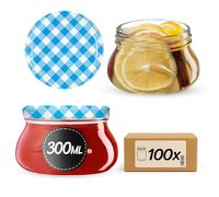 KADAX Pots à conserves avec couvercle "Raja", Pots à conserves, 300ml, 100 pièces, couvercle avec motif à carreaux bleu