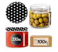 KADAX Lot de 100 bocaux en verre 330ml Ø82 à pois rouges - Couvercle Twist-Off hermétique TO82 - Pour confitures, conserves, cornichons, miel & fermentation