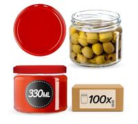 KADAX Lot de 100 bocaux en verre 330ml Ø82 à pois rouges - Couvercle Twist-Off hermétique TO82 - Pour confitures, conserves, cornichons, miel & fermentation