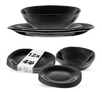 KADAX Lot de 12 Service de table pour 4 personnes, avec assiettes creuses, assiettes à dessert et assiettes plates, vaisselle de table, set d'assiettes (noir)