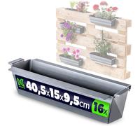 KADAX Lot de 16 jardinières pour palettes avec système de suspension, 37 x 9 cm, argentées, à planter et décorer, comme jardinière de balcon, bac à fleurs pour palette européenne, insert de pot de